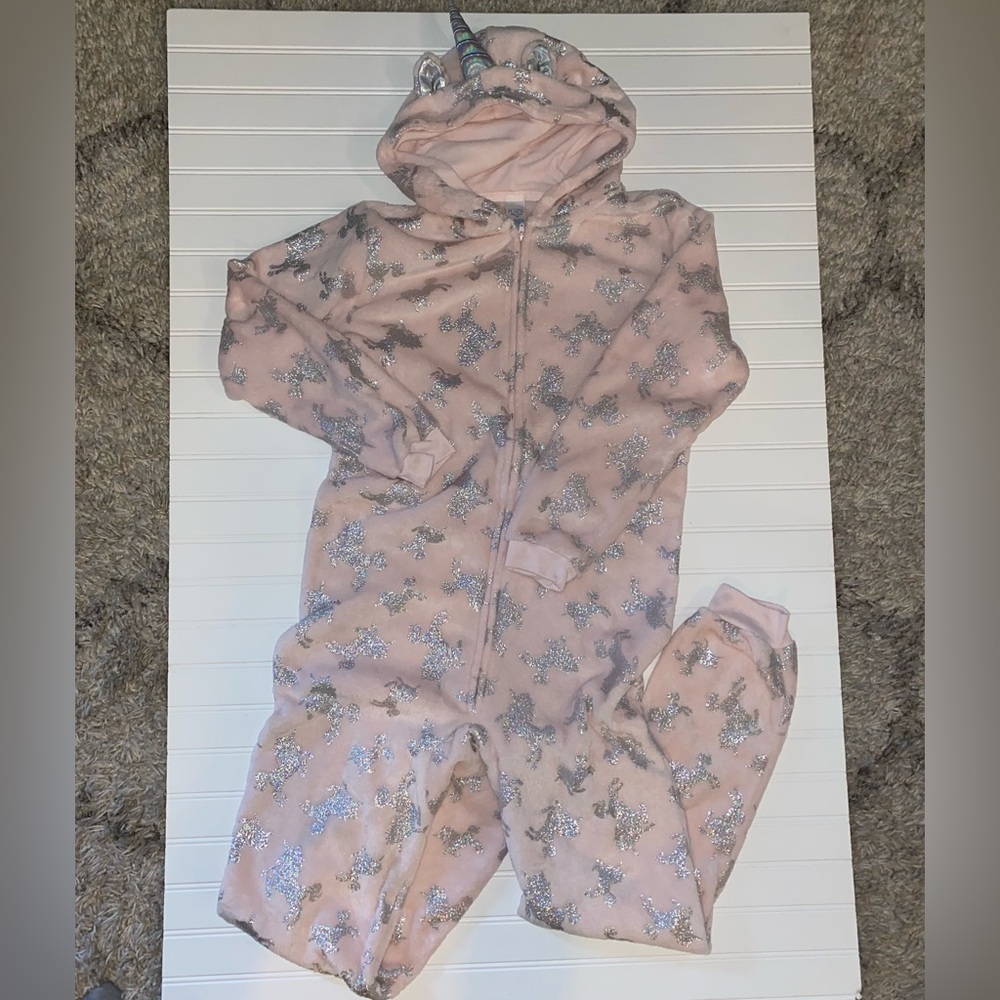 Unicorn Onesie Girls Pink Zip XXL Sparkly Hood Ears Halloween Costume Pajamas